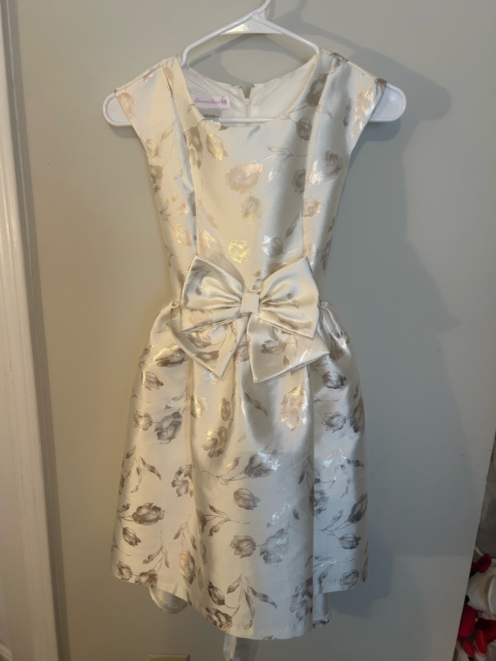 Bonnie Jean Ivory and Gold Floral Bow Dress